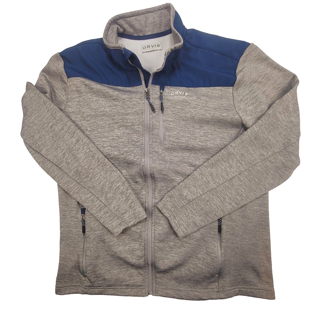Orvis Men's Jacket Gray Blue Large Full-Zip Knit Bottom Mock Neck Pockets